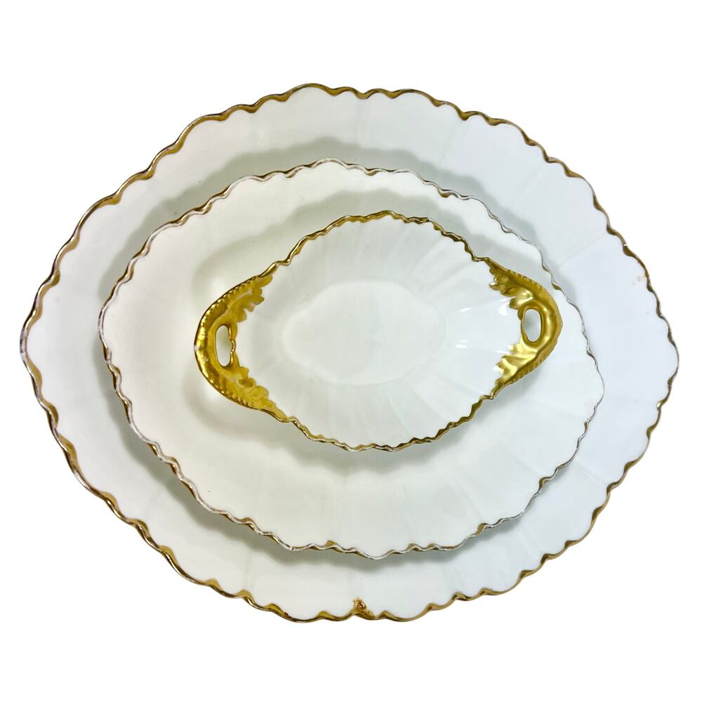Antique O&EG Royal Austria Serving Platter Set Porcelain Scallop Edges Gold Trim